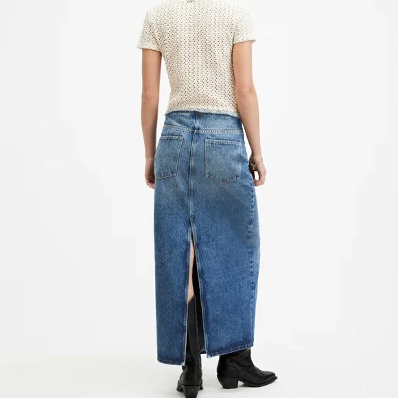 AllSaints NEW Cyra Maxi Blue Denim Jean‎ Skirt Frayed Waist Front & Back Slits - Picture 5 of 14